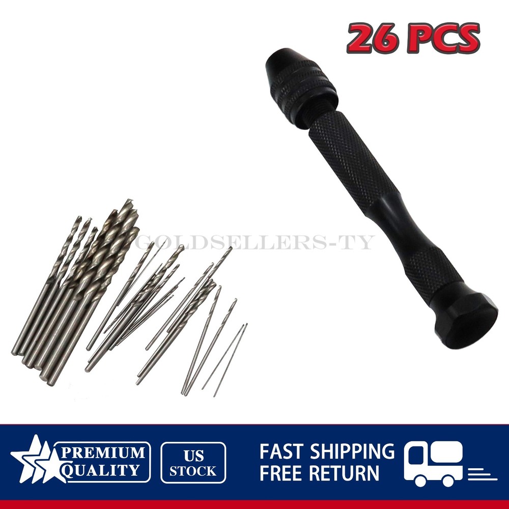 26PCS Mini Micro Drill Hand Bits Set Small Manual Keyless Chuck Pin Vise Rotary