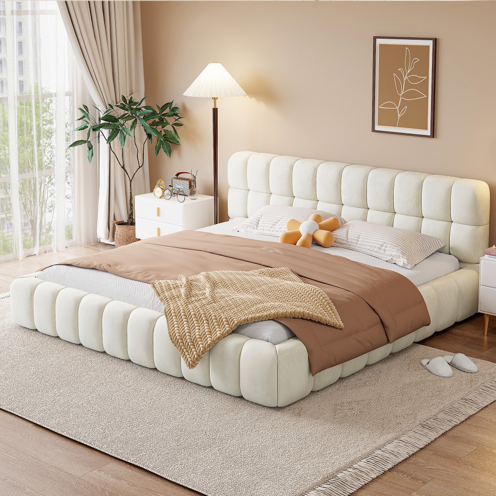 King Upholstered Platform Bed w/ Solid Wood Frame, Gray Linen, 2000lbs Support