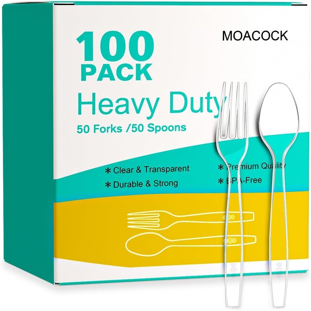 100 Count Plastic Silverware, Heavy Weight Plastic Forks Spoons Disposable