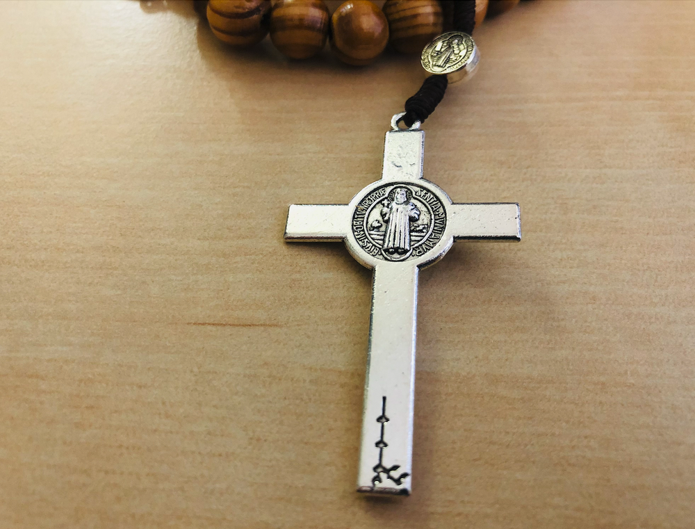 Saint St Benedict Wooden Rosary for Men Women Wood Prayer Beads Crucifix Cross