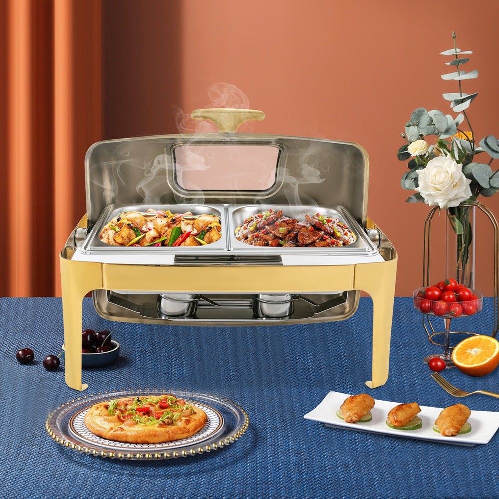 Roll Top Chafing Dishe Chafing Dish with 2 Food Pans & Visible Lid Rectangular