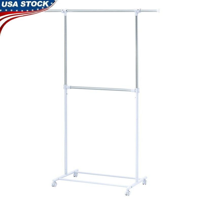 Adjustable 2-Tier Rolling Garment Rack Clothes Organizer Storage Solution New