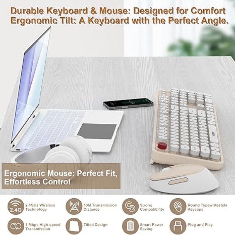 Wireless Keyboard and Mouse Combo Full Size 104 Round Keycaps Retro Typewriter