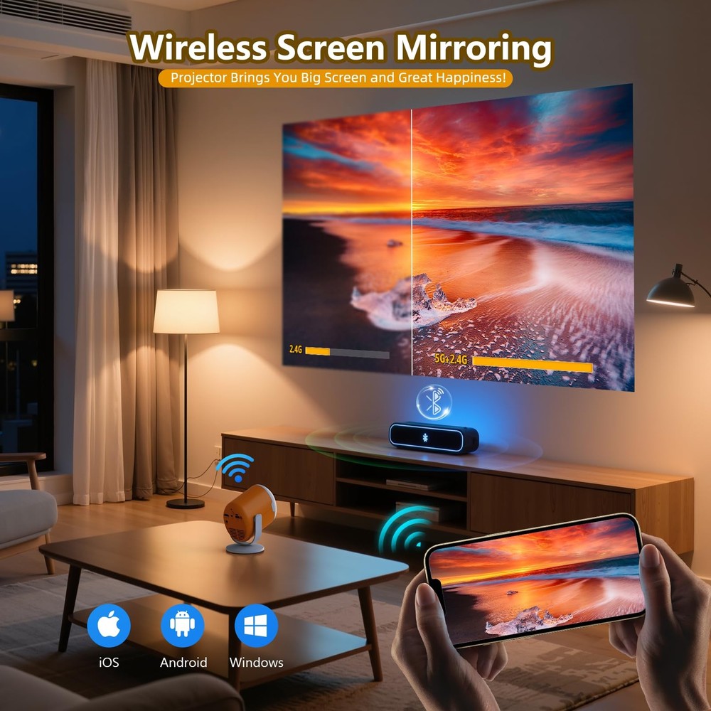Portable Mini Projector with WiFi and Bluetooth Rotatable Movie Projector wit...