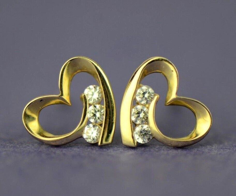 14k Solid Yellow White Gold Heart Shape CZ Stud Earrings