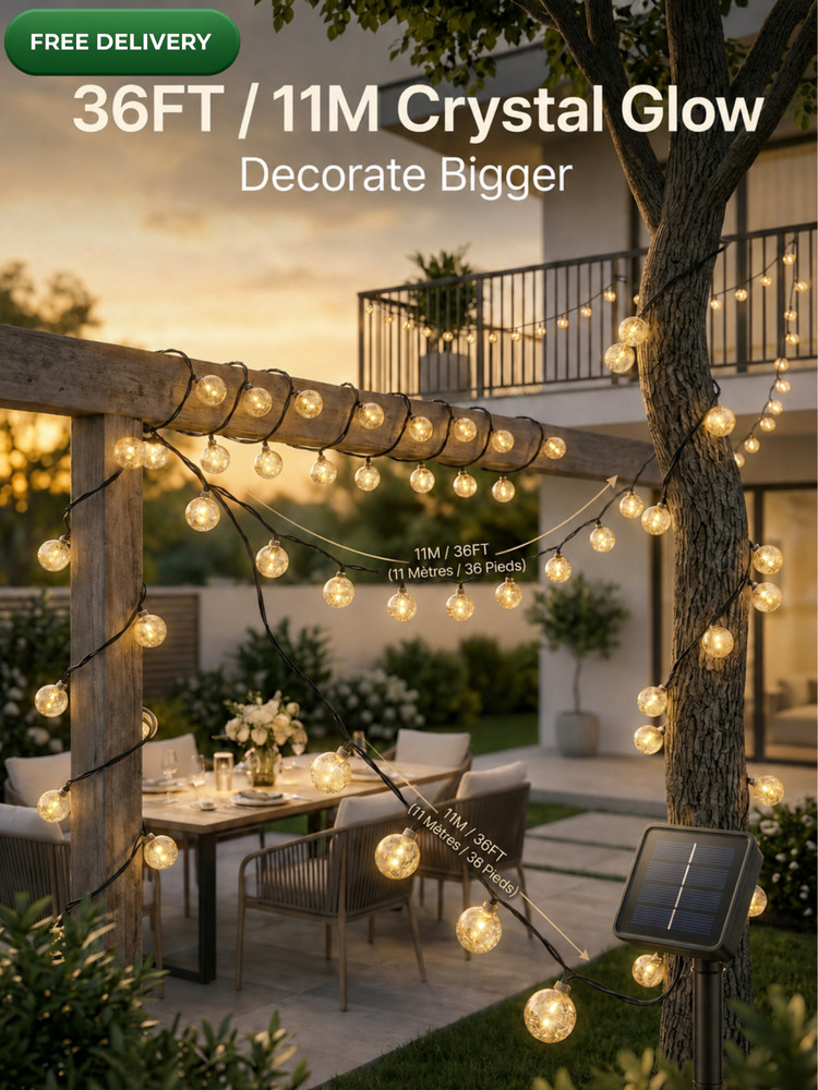 Solar Crystal Globe String Lights 36FT 60 LED Warm White IP65 8 Modes