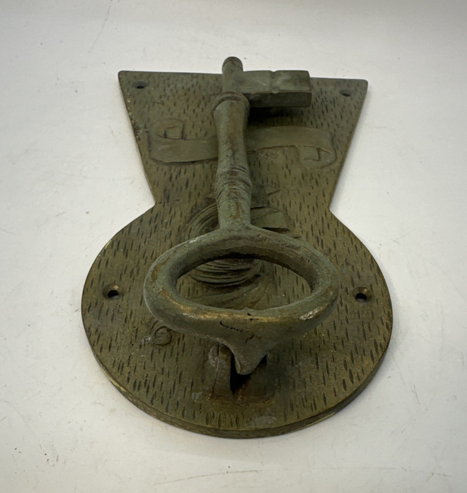 Vintage Solid Brass Skeleton Key Door Knocker W/Keyhole Shape Mounting Plate