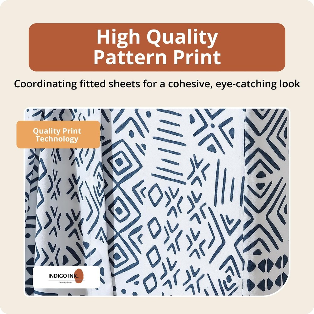 Indigo Ink - Queen Size Sheet Set, 4-Piece Boho Geometric Patterned Bedding, ...