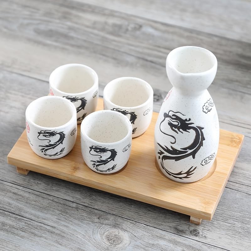 White Dragon Porcelain Sake Set Bottle Cups Saki Set Microwave Safe 5 oz S-4912
