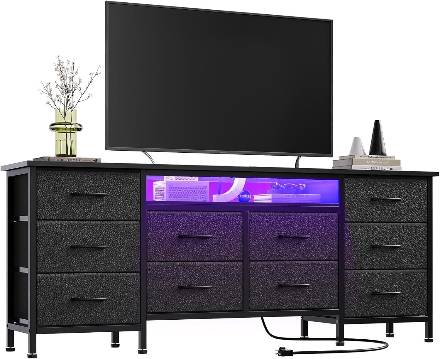 63" TV Stand with 10 Drawers, LED Lights, Power Outlets,Long Dresser for Bedroom