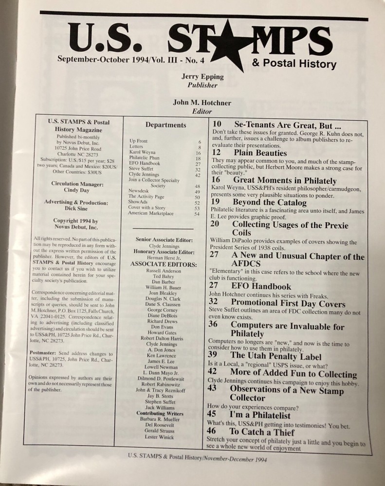 U.S. Stamps & Postal History 1994 Magazine 5 Issues Vol. 3 No. 1,2,3,4,5