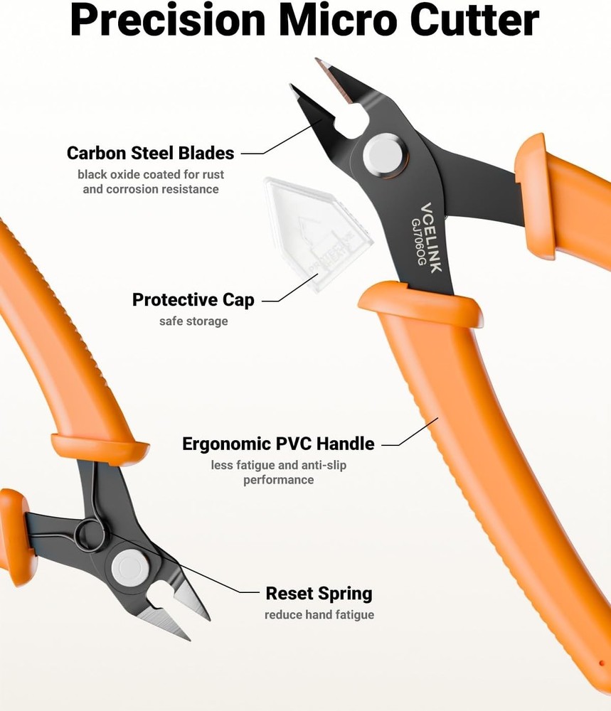 VCELINK Micro Precision Wire Cutter Spring Loaded, 5-Inch Flush Orange