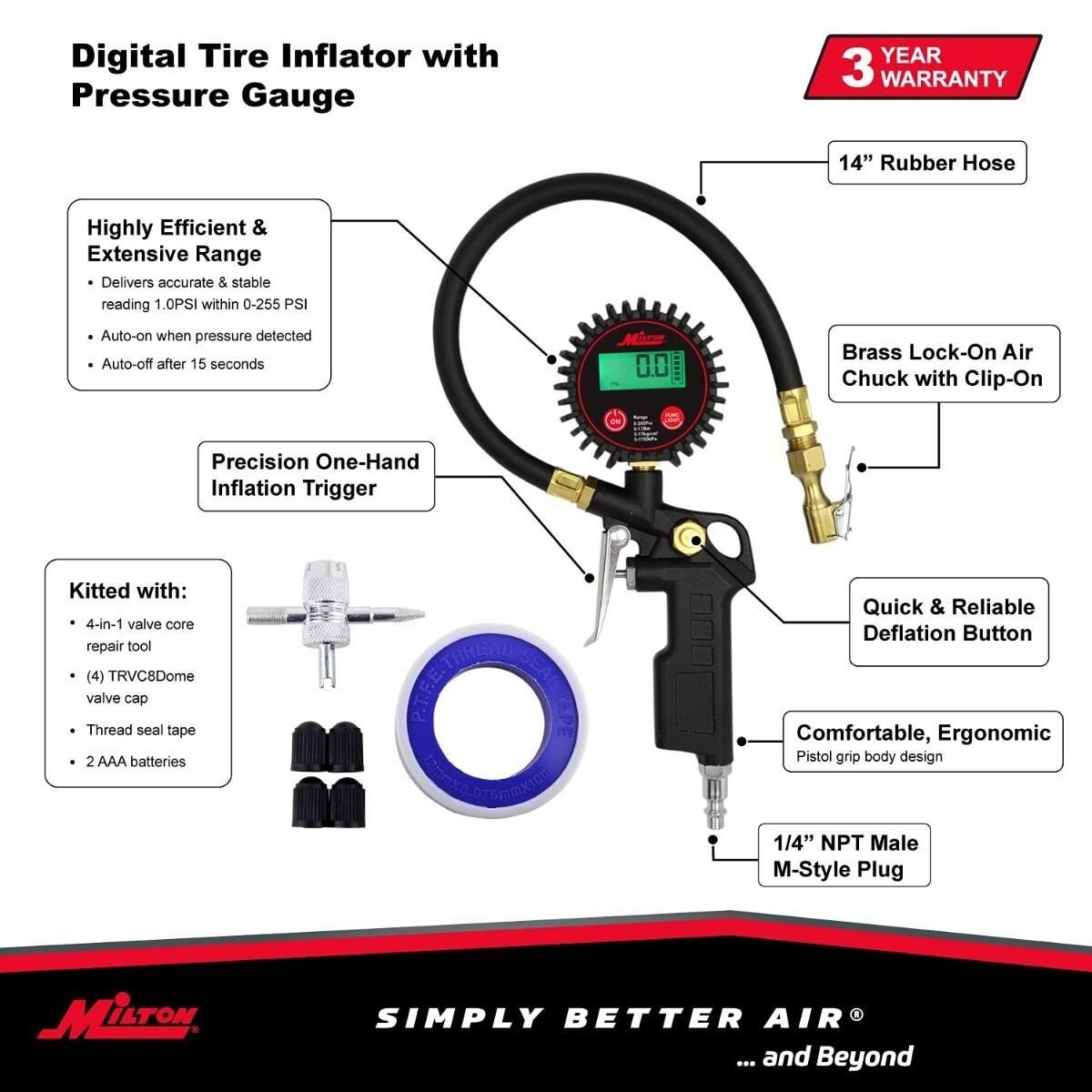 Milton® Digital Tire Inflator / Pressure Gauge, 0-250 PSI, 14" Air Hose, Lock-on