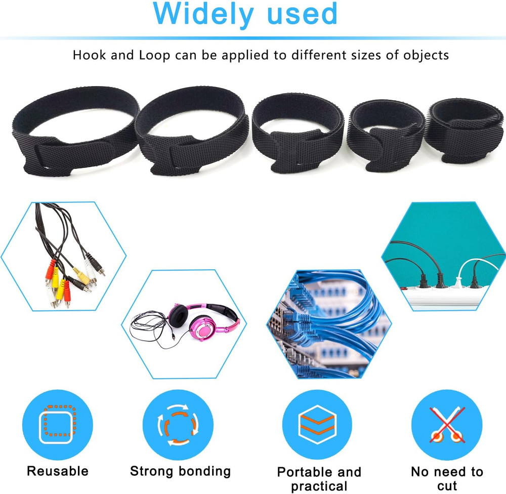 100Pcs Reusable Cable Ties - Hook and Loop Cable Straps for Wire Management - Ad