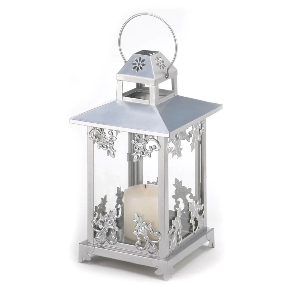 SILVER SCROLLWORK CANDLE LANTERN - 13" HIGH - IRON & GLASS