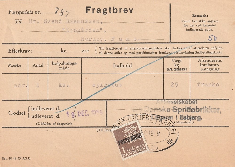 DENMARK: Freight letter, shipmail, postfaerge 1959 (9).