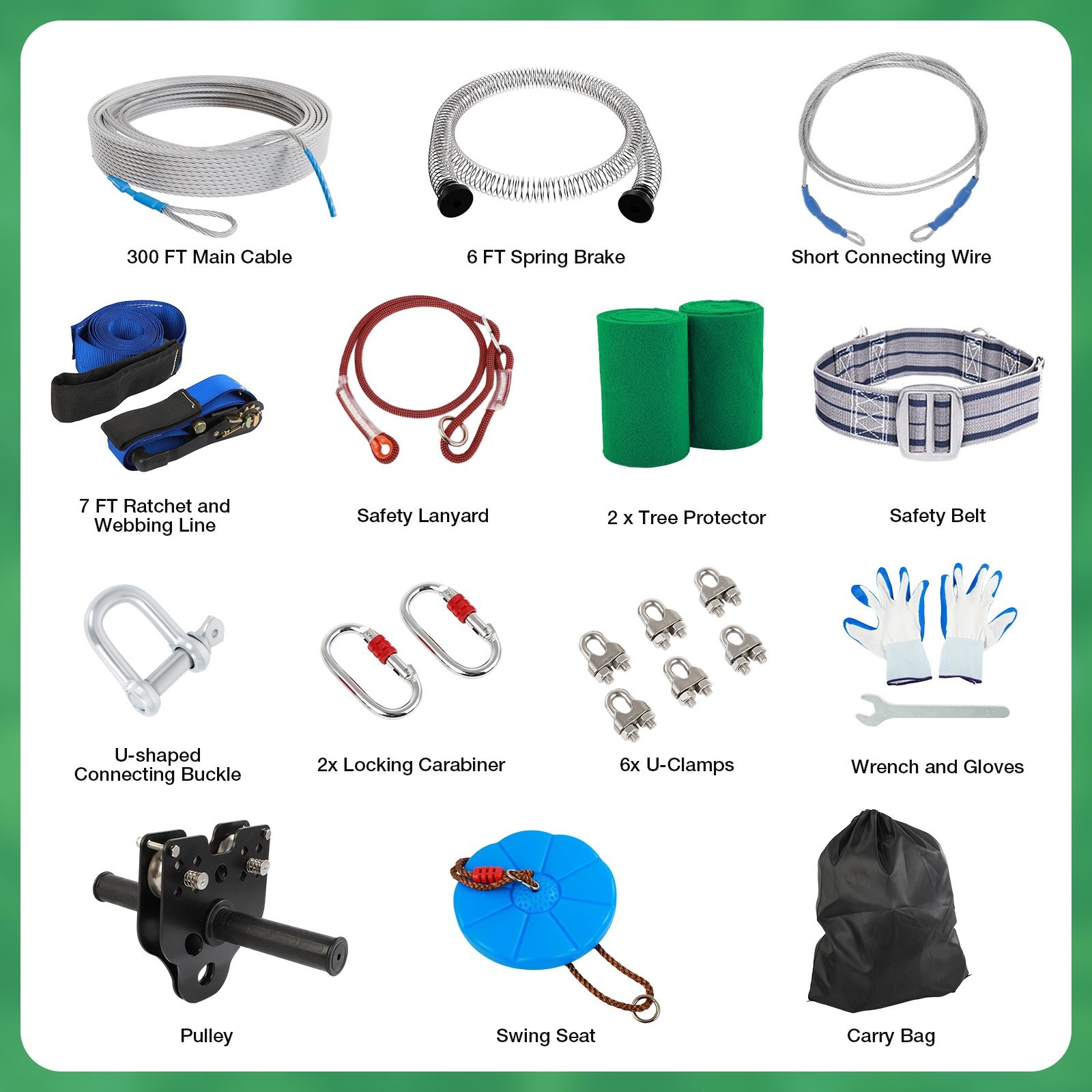 300FT Zip Line for Adults and Kids - Up To 400LBS Quick Tighten Zip Line Kit