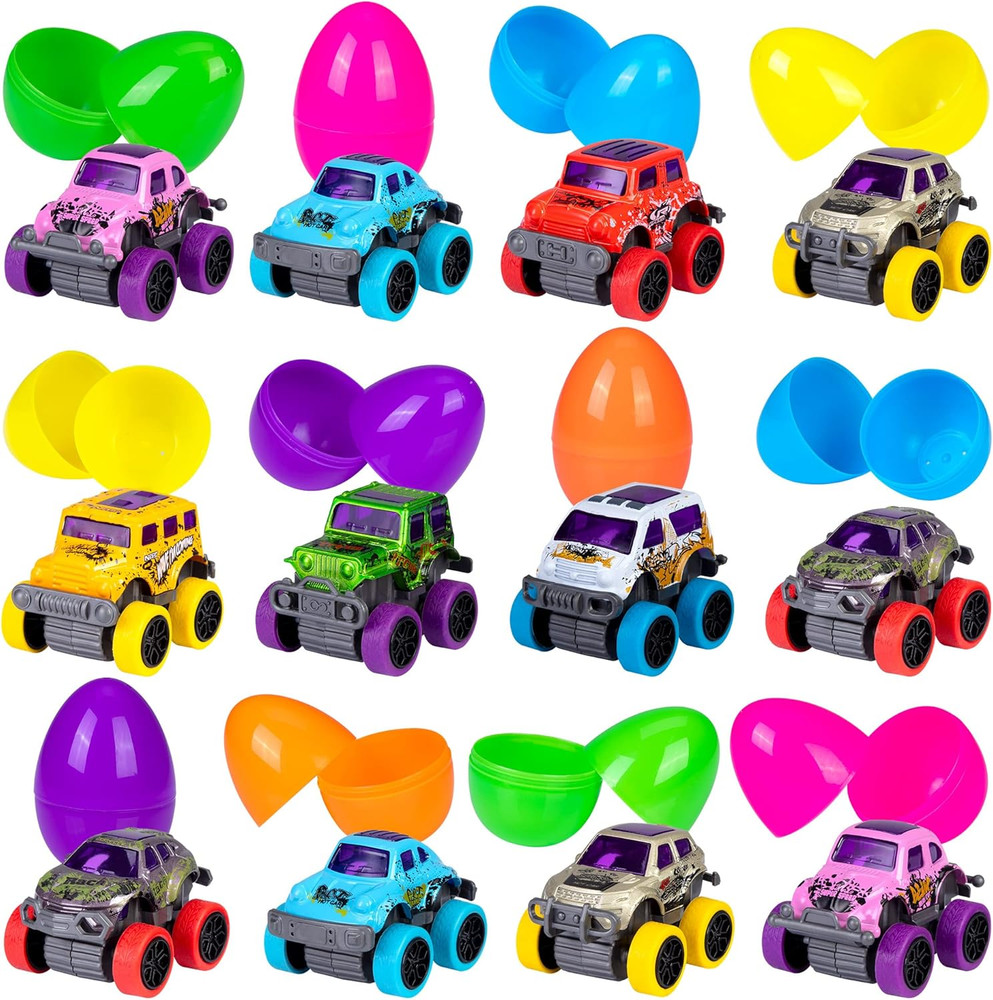 12 Pcs Easter Eggs Filled with Pull Back Cars, Easter Egg Prefilled with Trucks