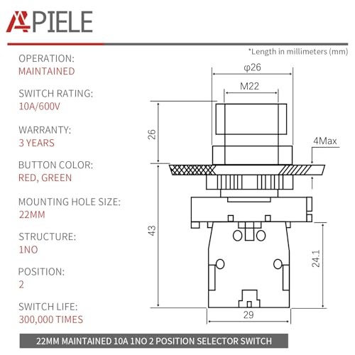 2PCS 22MM 2 Position Selector Switch Maintained 1NO 2 Position Maintained