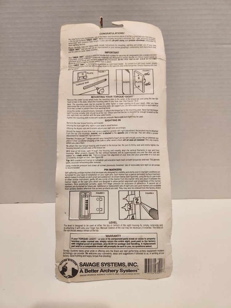 Vintage Savage Systems Torque Sight For Compound Bow In Package