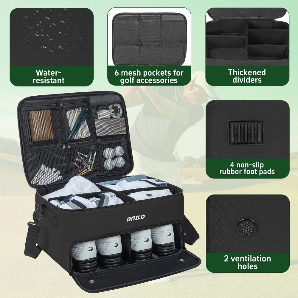 ANILD Golf Trunk Organizer, 2 Layer Storage Case with Separate Black