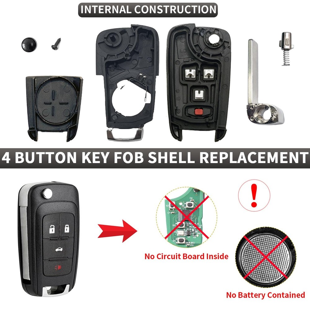 2 Pack Flip Key Fob Case Shell Replacement 4 Button for Chevy Cruze Black