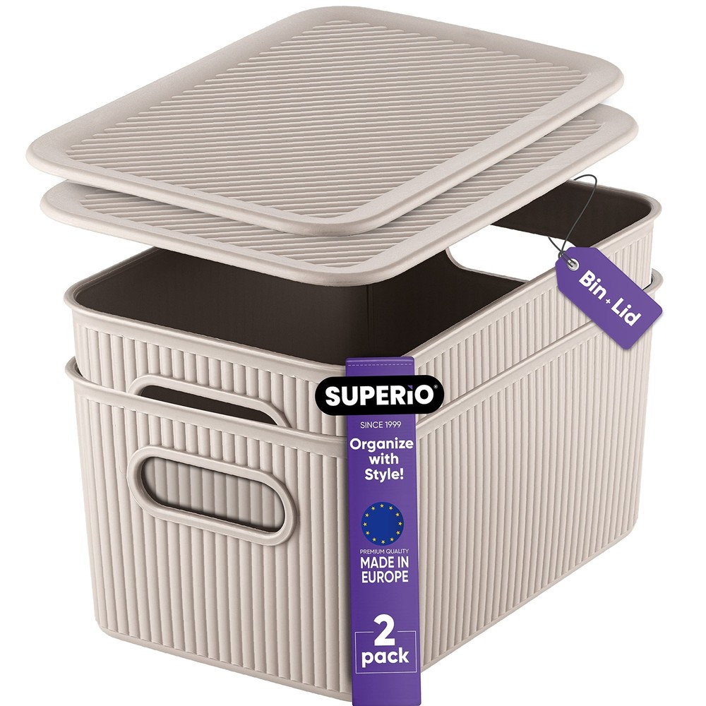 Superio Ribbed Plastic Lidded Storage Bin, Medium Taupe (2 Pack, 5 Liter)