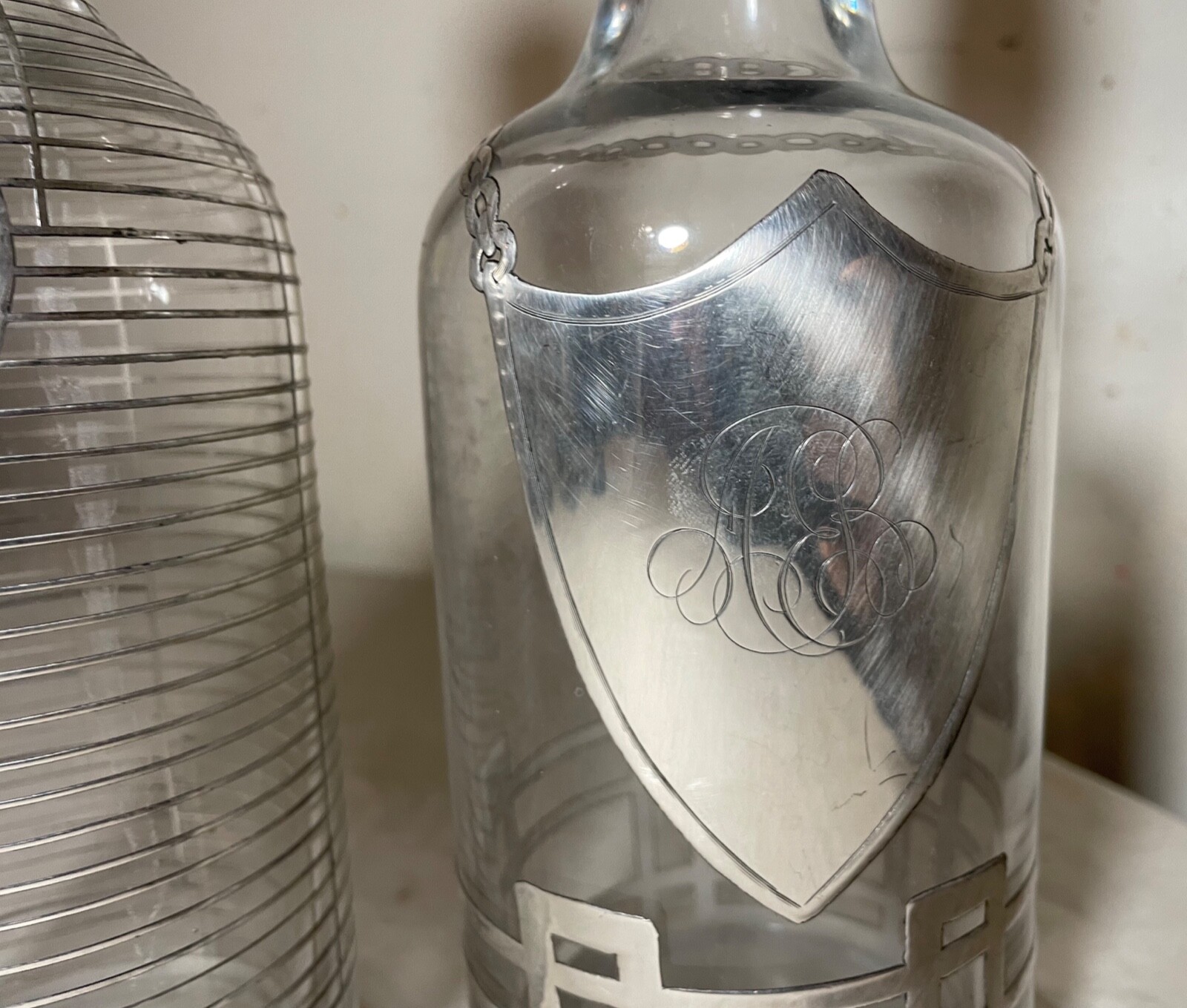 pair antique ornate sterling silver overlay glass liquor claret decanter bottle