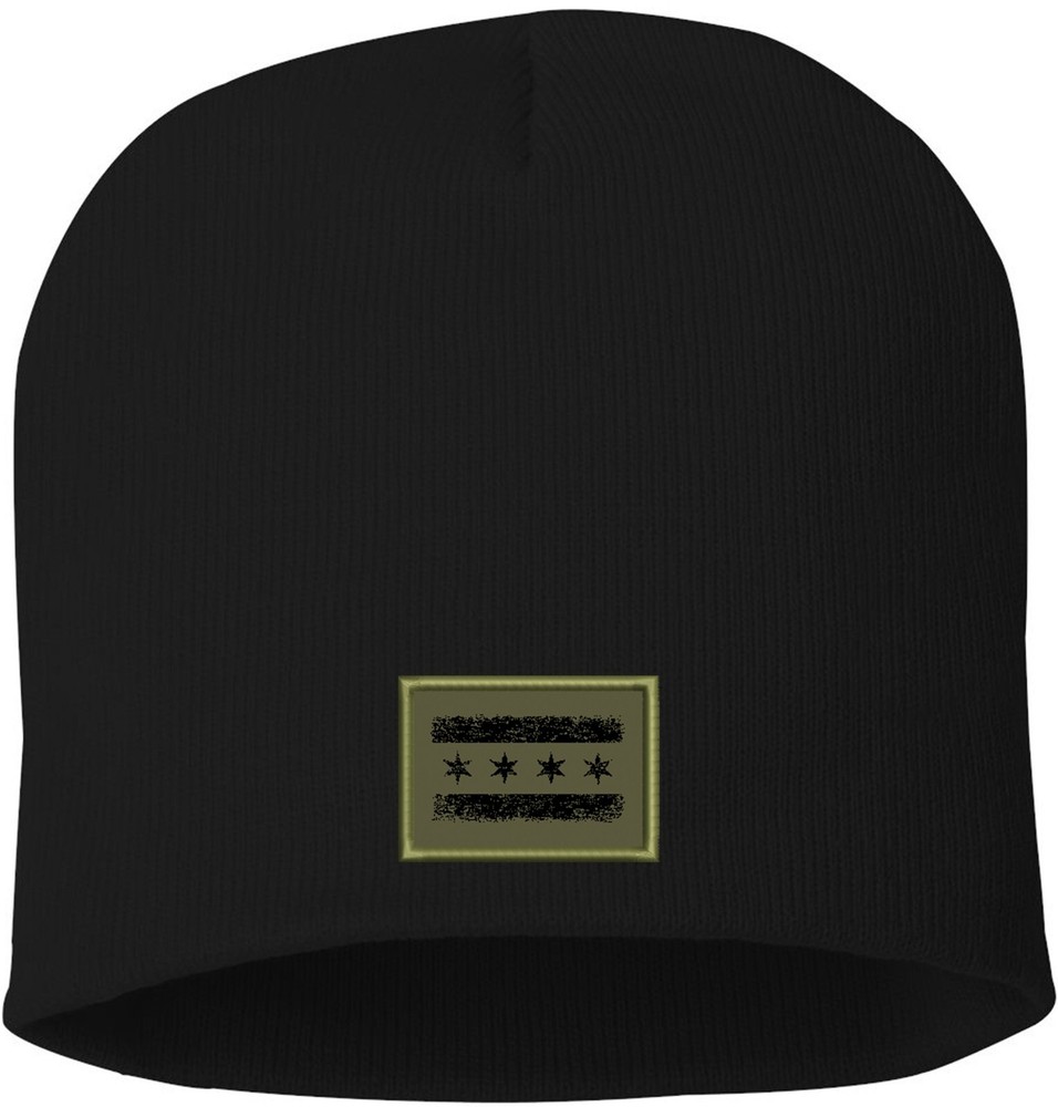 Chicago Flag Skull Knit Hat Olive Patch Black