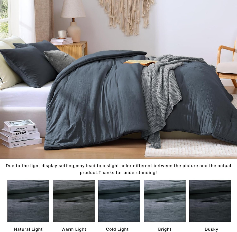 Queen Comforter Set - 3 Pieces Prewashed Blue Grey Comforter Soft Lightweight fo