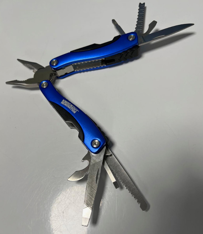 Folding multi-tool blue pocket knife with case.