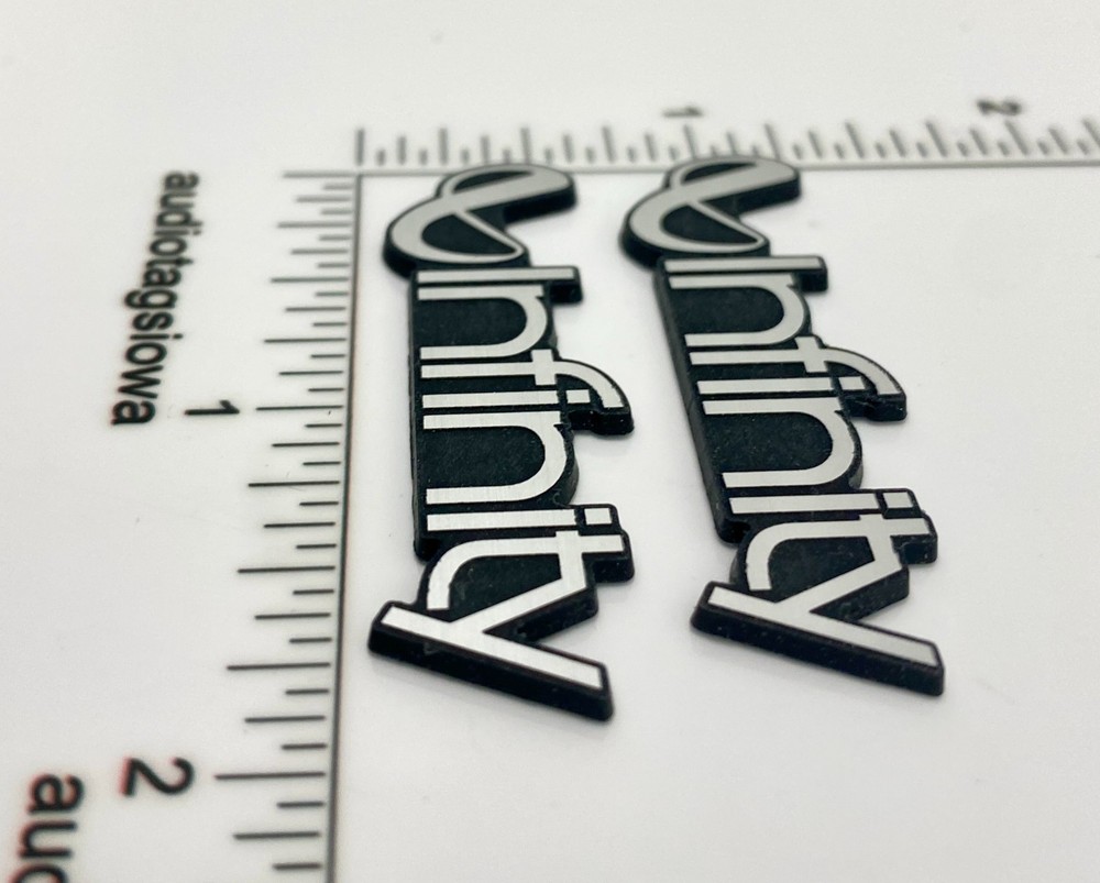 Infinity Speaker Badge PAIR Custom Incised Silver Acrylic Self Stick