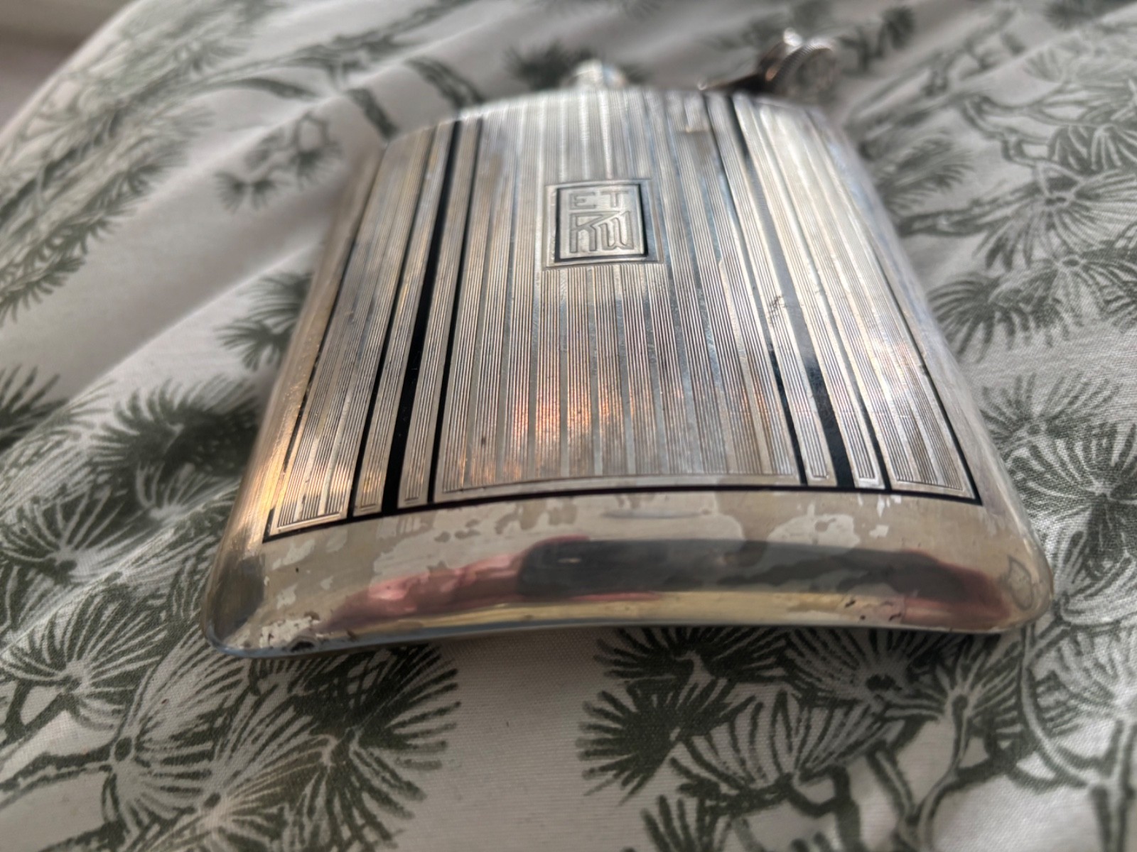 Sterling Silver Flask Black Tuxedo Stripe Design