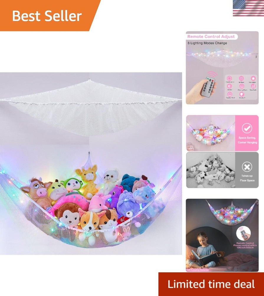 Triangular LED Toy Storage Hammock for Stuffed Animals - Space-Saving Corner Net