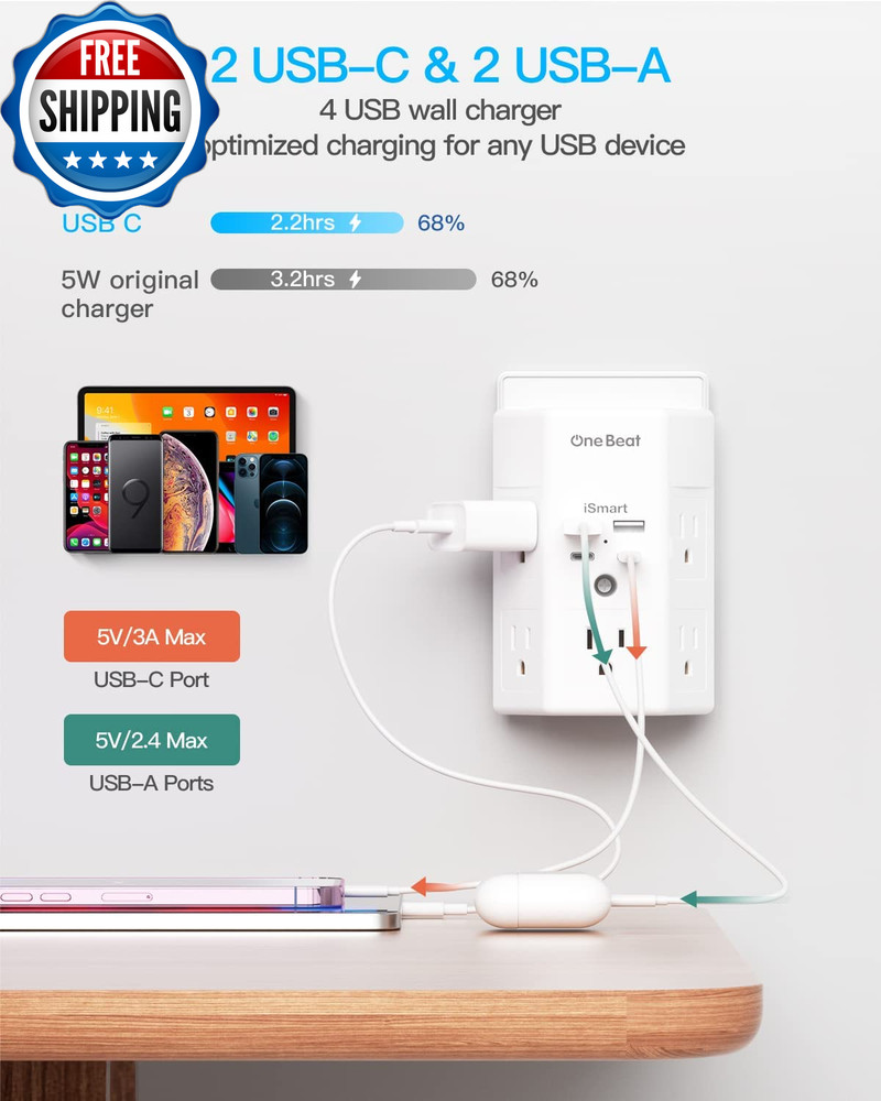 Multi Plug Outlet Surge Protector 5 Outlet Extender with 4 USB Charging...