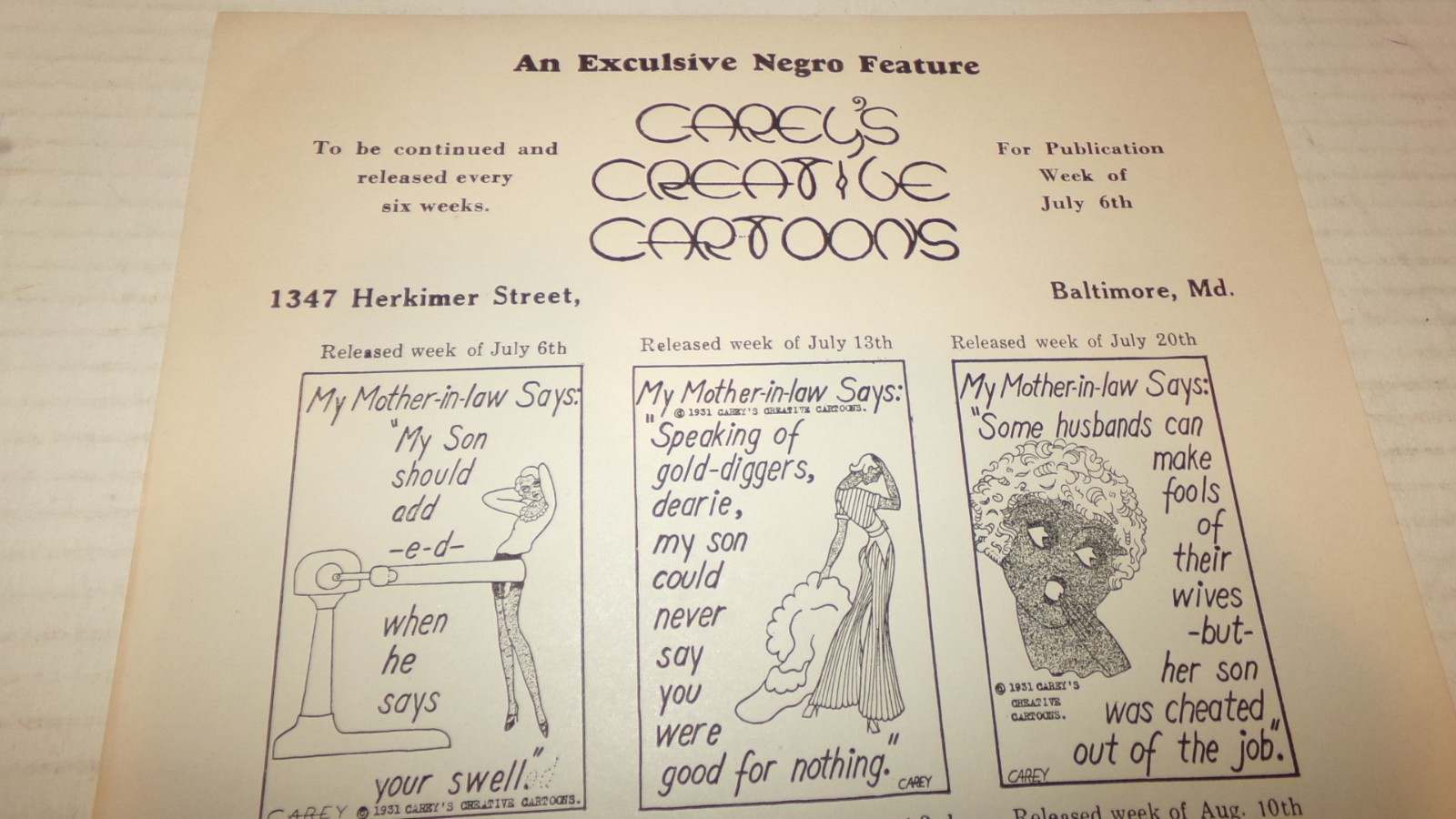 Carey’s Creative Cartoons African American Cartoon Comics 1931 Advertising Flyer