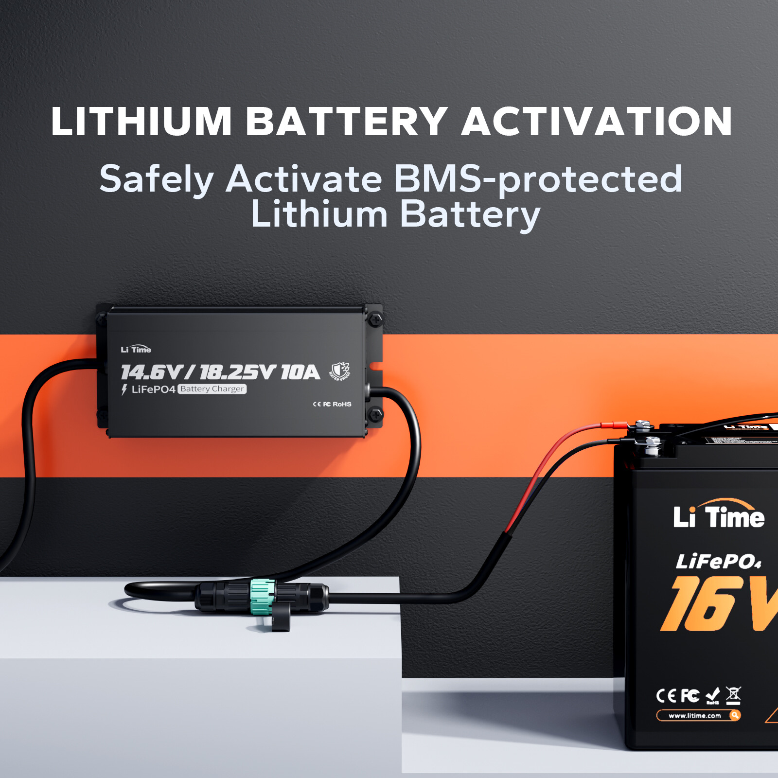 LiTime 14.6V/18.25V 10A Smart Waterproof Charger for 12.8V/16V LiFePO4 Battery