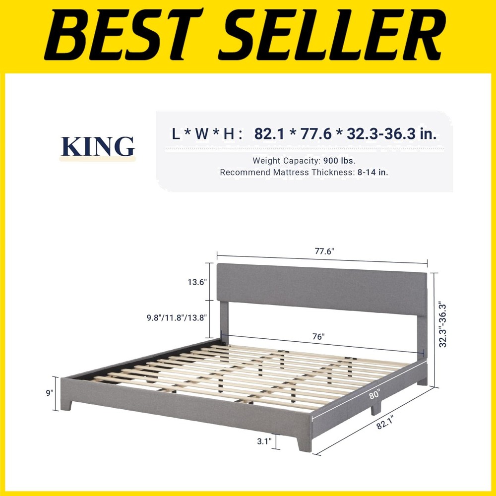 Sleek Linen Upholstered King Bed Frame, Adjustable Headboard