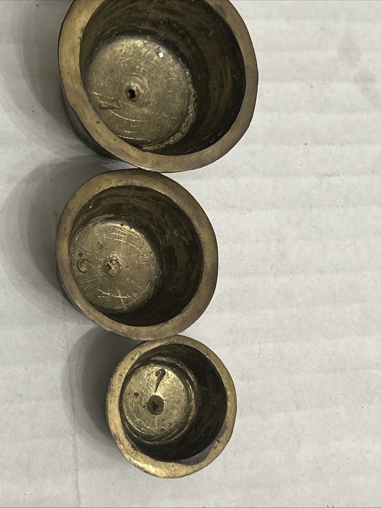 Antique 18th Century Solid Thick Brass Lidded Case And Nested Weigth Set 4 Piece