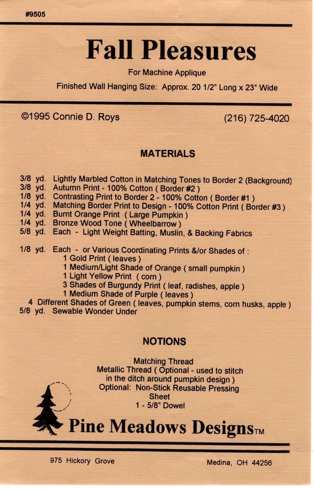 Fall Pleasures Wall Quilt Pattern by Pine Meadows Designs 9505