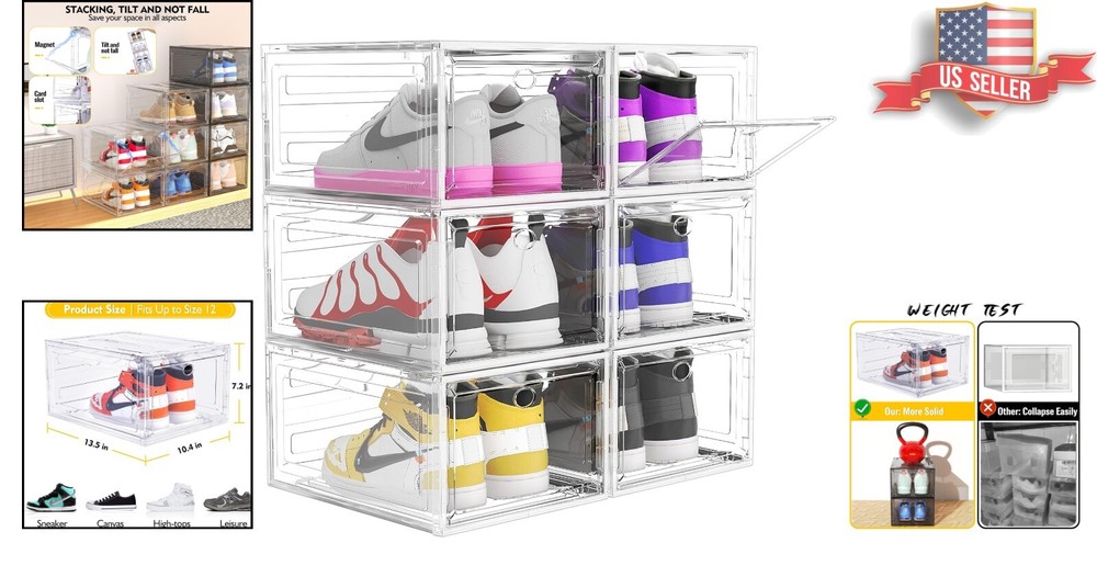 Magnetic Front Door Shoe Storage Boxes - 6 Pack Stackable Containers