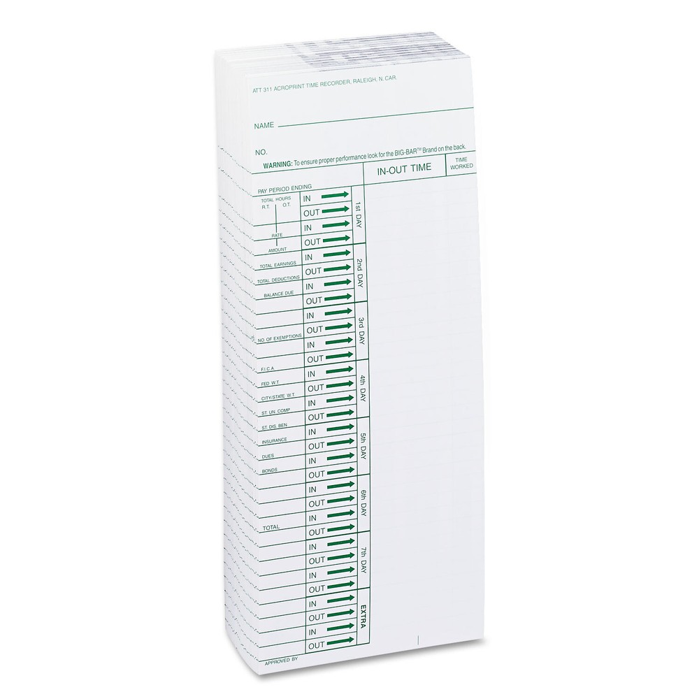 Acroprint Time Card for Model ATT310 Electronic Totalizing Time Recorder, Weekly