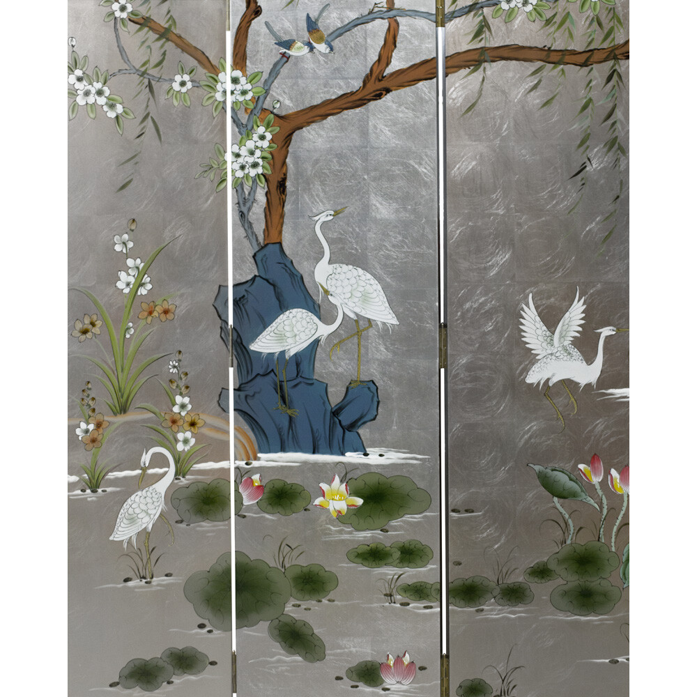 US Seller - Silver Leaf Cranes in Lotus Pond Asian Floor Screen