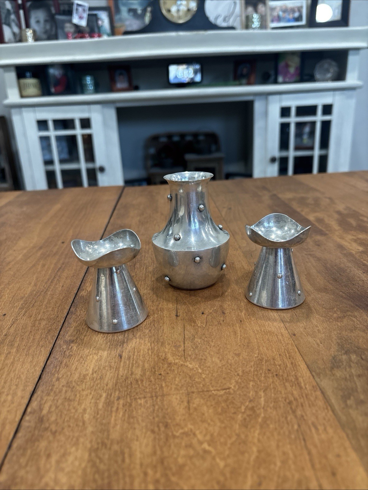 Antique Pair Of Silver Candle Sticks And Bud Vase Marked