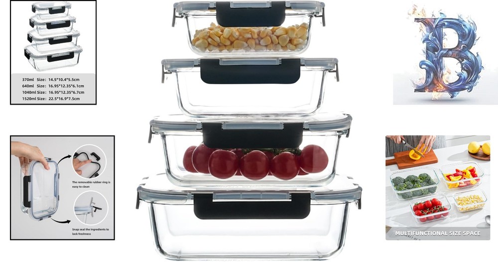 Versatile 4-Piece Glass Storage Containers with Locking Lids & Nesting Design