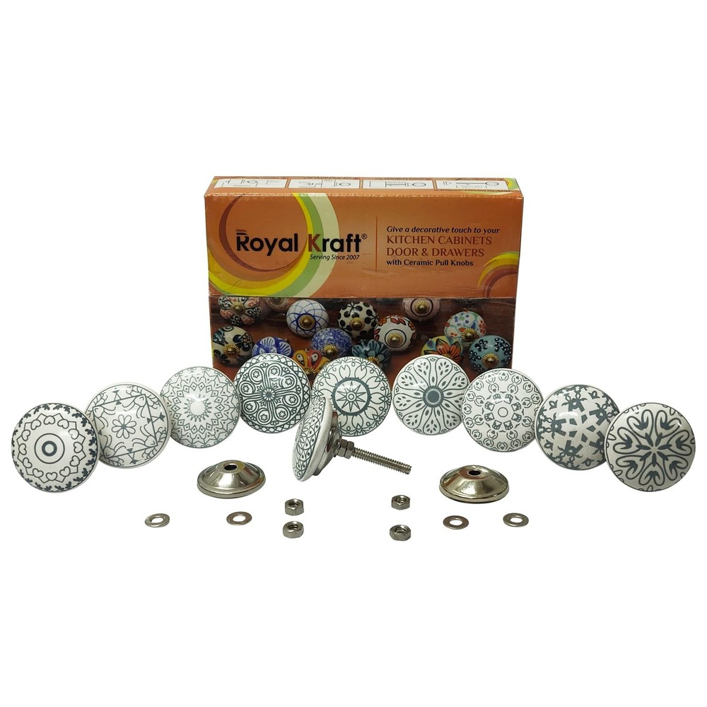 Vintage Grey Printed Ceramic Pull Knobs for Kitchen Cabinet, Door & Drawer, W...