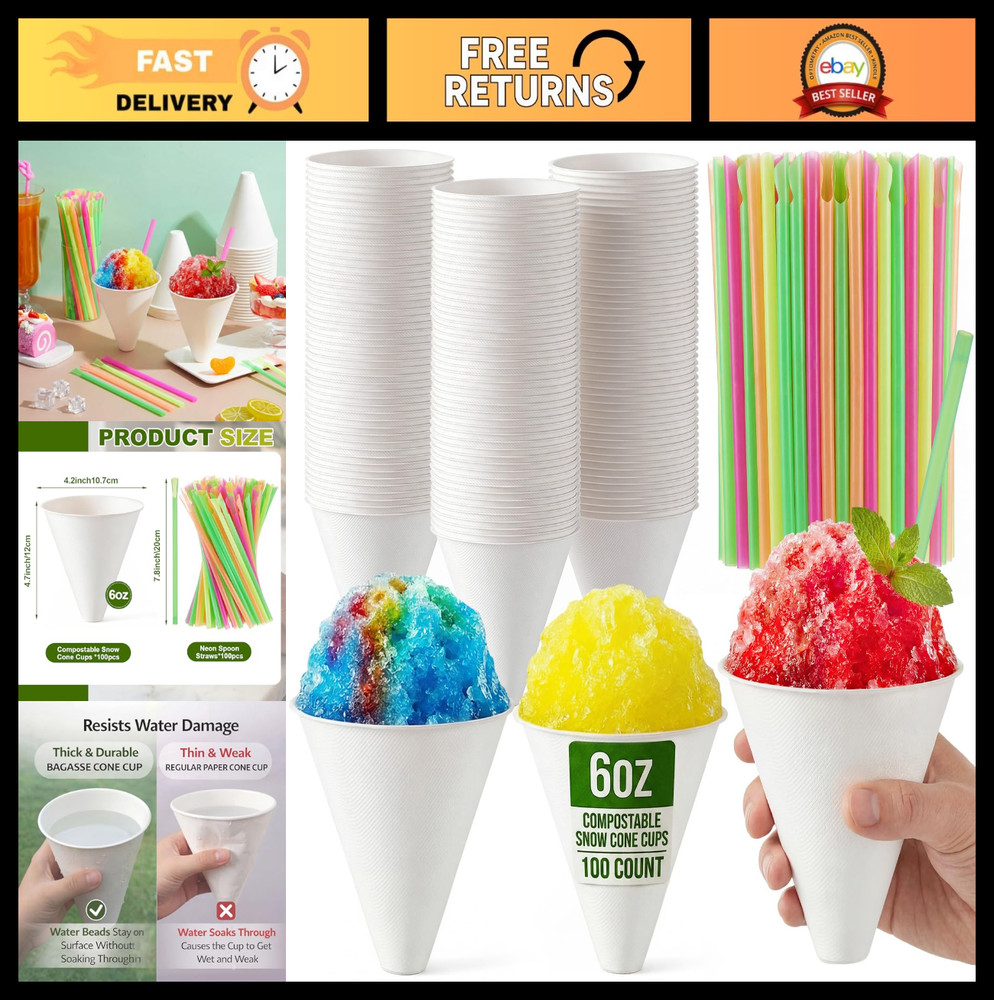 100 Pack 6oz Compostable Snow Cone Cups with Spoon Straws - Biodegradable & No-L