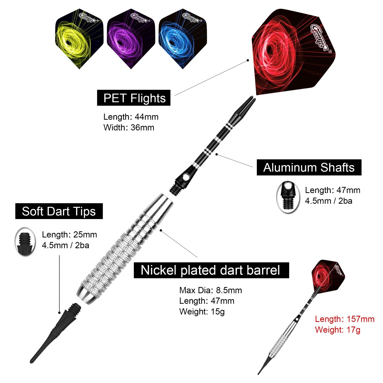 CyeeLife 17g Soft tip darts +100Tips+16Flights+12Alu shafts+Tool+Protectors
