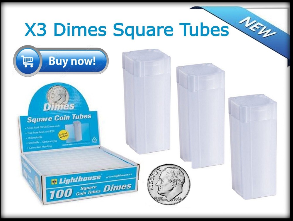 X3 Lighthouse Square Tubes Dime Size 17.91 mm Coins Archival quality & Stackable