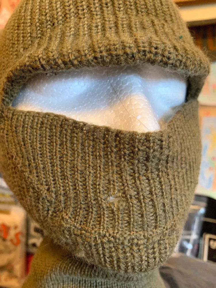 Vintage WWII US ARMY OD Green Wool Full Face Mask Toque Balaclava Watch Cap Rare